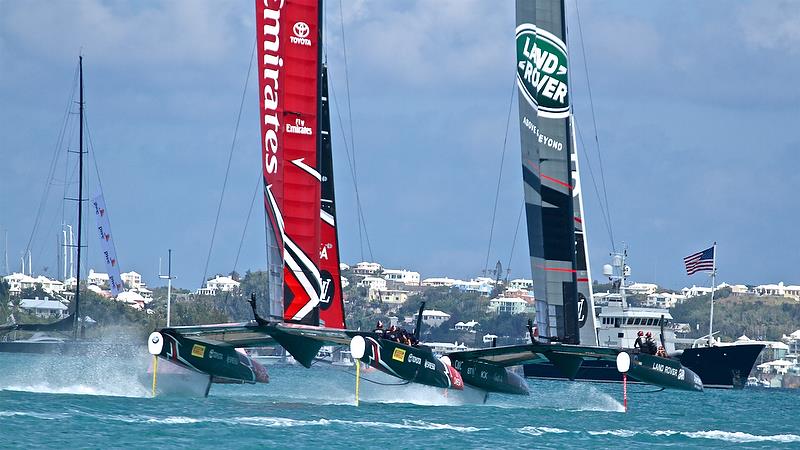 Emirates Team New Zealand chases Land Rover BAR around Mark 1, Race 11 - America's Cup Qualifier - Day 2, May 28, 2017 photo copyright Richard Gladwell taken at  and featuring the AC50 class