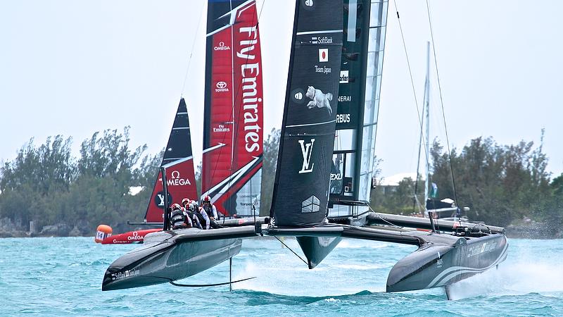 Softbank Team Japan trails Emirates Team NZ - Round Robin2, America's Cup Qualifier - Day 7, June 2, 2017 (ADT) photo copyright Richard Gladwell taken at  and featuring the AC50 class