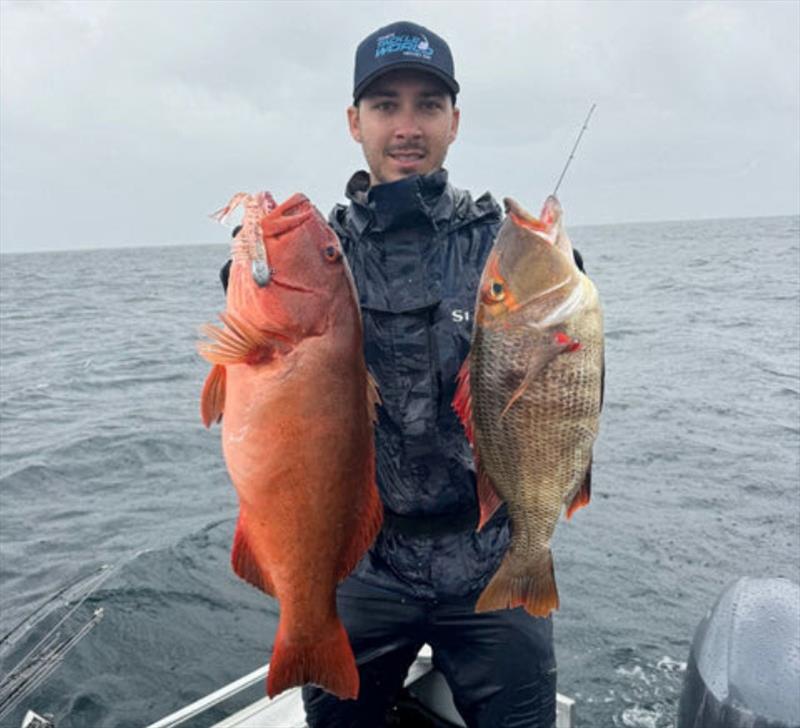 Not the best weather for the Fisho's Big Cat Reality trip to the Swains, but the fishing was still good. Dane with a brace of trout and RTE. Quality seafood photo copyright Fisho's Tackle World taken at  and featuring the Fishing boat class