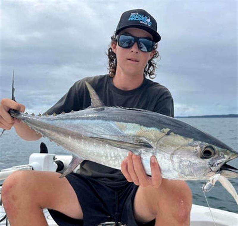 The Sicario Bloodhawk 125mm soft plastic is a unique yet very affective profile. Max putting them to the test on the longies with great success photo copyright Fisho's Tackle World taken at  and featuring the Fishing boat class