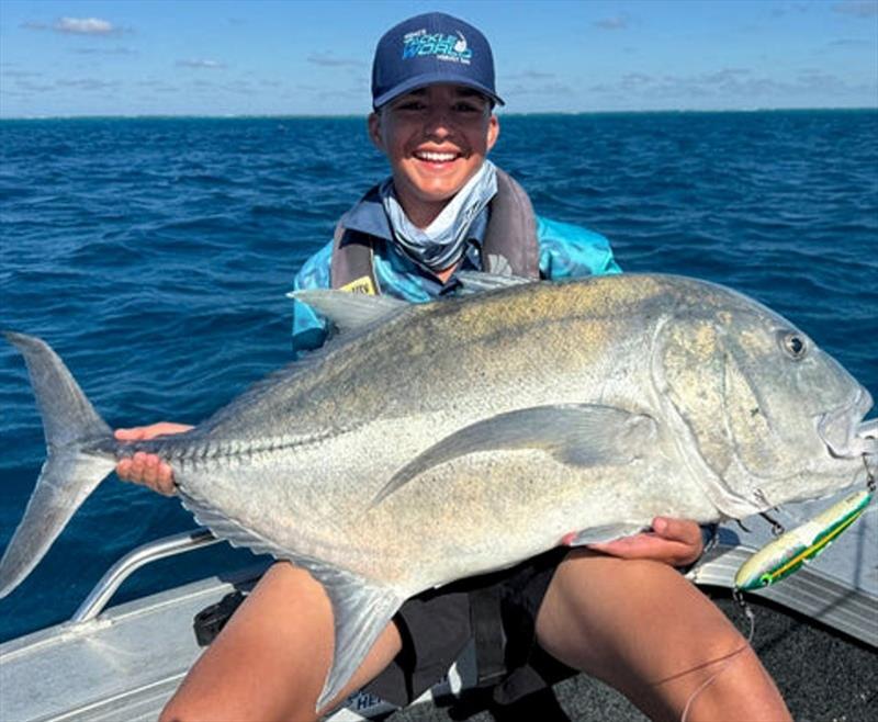 Fisho's Big Cat Reality Swains Trip 2024 - Kaelem worked hard this trip and scored his prized GT in the final hour of the last day! Nashy's stick bait 190F photo copyright Fisho's Tackle World taken at  and featuring the Fishing boat class