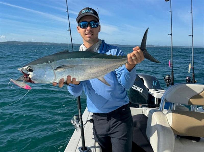 Staff member Dane snuck out for a family day on the bay and scored a mix of mac and longtail tuna. This Longie ate a Nashy 100mm sinking stick bait photo copyright Fisho's Tackle World taken at  and featuring the Fishing boat class