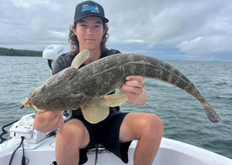 Max scored this flathead whilst working the fringing rocks around one of the inshore islands photo copyright Fisho's Tackle World taken at  and featuring the Fishing boat class
