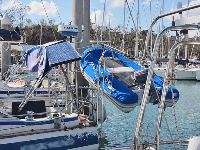 Davits, pushpit, solar panel all affected by the swinging dinghy and other things. ©  SW