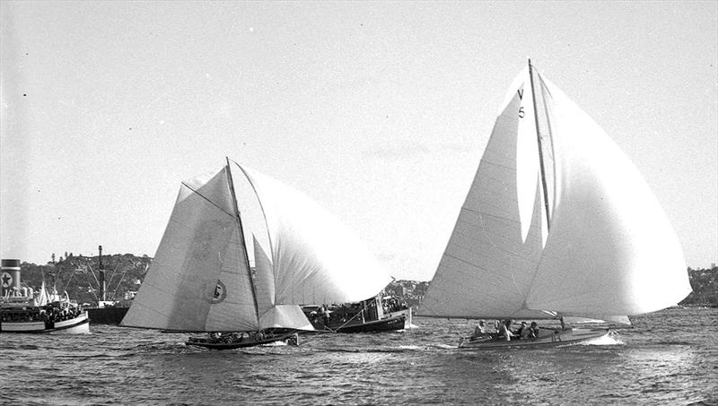Tarua leads Alstar at the 1951 worlds on Sydney Harebour photo copyright Archive taken at Australian 18 Footers League and featuring the 18ft Skiff class