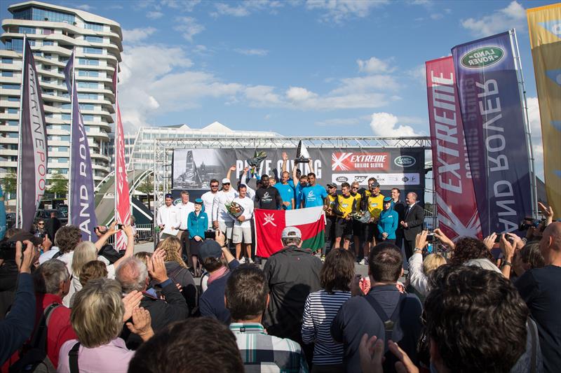 The Wave, Muscat celebrate their win at Extreme Sailing Series Act 5, Hamburg photo copyright Jesus Renedo / OC Sport taken at  and featuring the Extreme 40 class