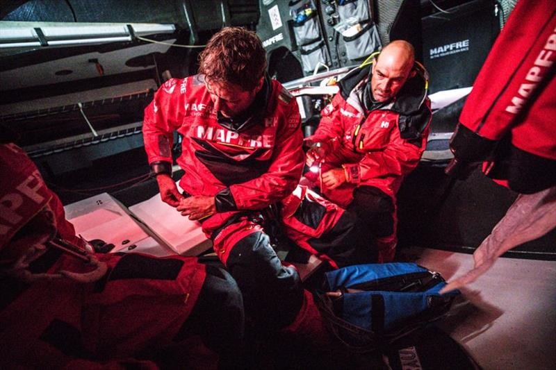 Volvo Ocean Race Leg 7 from Auckland to Itajai, day 08 on board MAPFRE, Xabi Fernandez and Antonio Cuervas-Mons getting the material ready to go up to the mast photo copyright Ugo Fonolla / Volvo Ocean Race taken at  and featuring the Volvo One-Design class