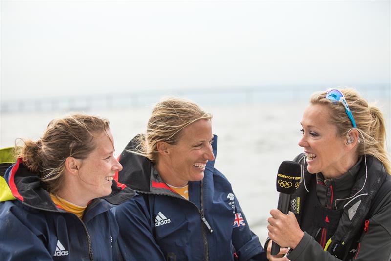 Shirley Robertson interviews Team GBR's Hannah Mills (left) and Saskia Clark (center) photo copyright Shirley Robertson Collection taken at Royal Ocean Racing Club and featuring the 470 class