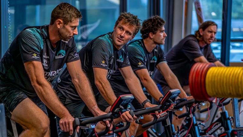 Emirates Team NZ cyclors  line up for Velodrome Training - March 4, 2024 photo copyright Emirates Team New Zealand taken at Royal New Zealand Yacht Squadron and featuring the AC75 class