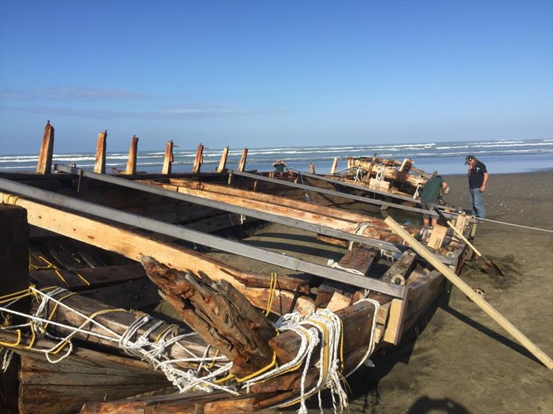 Bracing to prevent further damage - retrieval of the remains of the 53ft Daring lost in 1865 at the entrance to the Kaipara Harbour - photo © Classic Yacht Charitable Trust