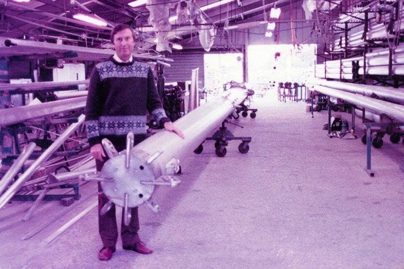 Cliff Norbury in the Proctor factory with a 'big stick' photo copyright Norbury Family  taken at  and featuring the Classic Yachts class