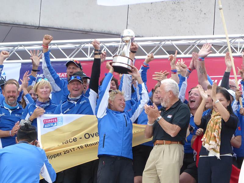 Wendy Tuck (with main trophy), her crew and Sir Robin Knox-Johnston photo copyright Denise Wilson taken at Royal Melbourne Yacht Squadron and featuring the Clipper 70 class