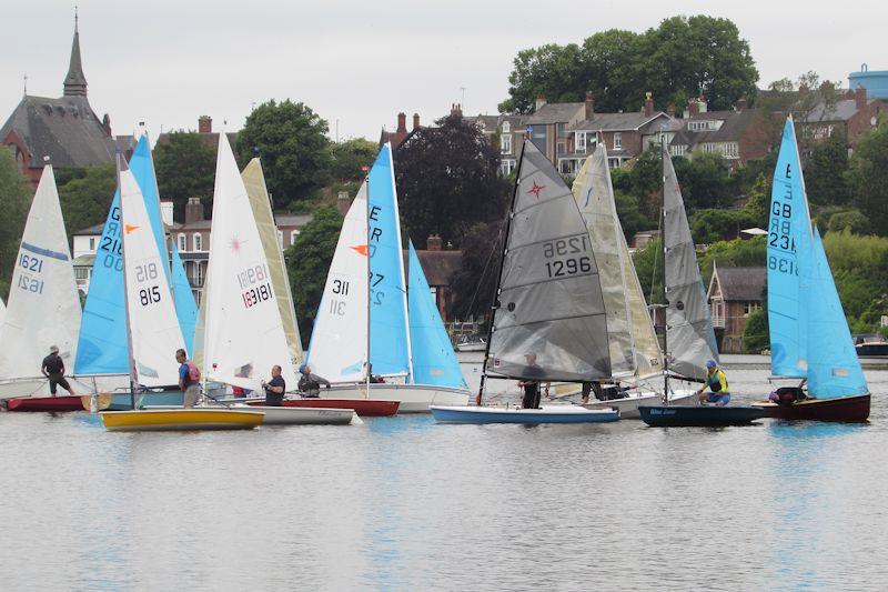 Close racing on the first lap - Border Counties midweek sailing at Chester photo copyright Brian Herring taken at Chester Sailing & Canoeing Club and featuring the Dinghy class