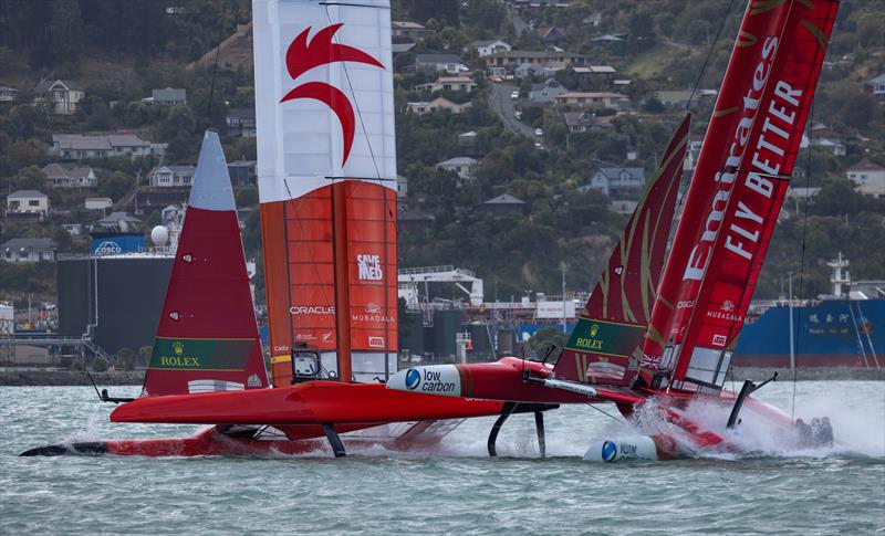 Emirates Great Britain SailGP Team Spain SailGP Team collide during a practice session ahead of the ITM New Zealand Sail Grand Prix in Christchurch,  22nd March photo copyright Felix Diemer/SailGP taken at Naval Point Club Lyttelton and featuring the F50 class