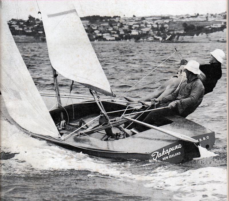 Geoff Smale and Ralph Roberts on trapeze sailing their Flying Dutchman, Takapuna ahead of the 1968 Olympic Regatta photo copyright John Mallitte taken at Takapuna Boating Club and featuring the Flying Dutchman class