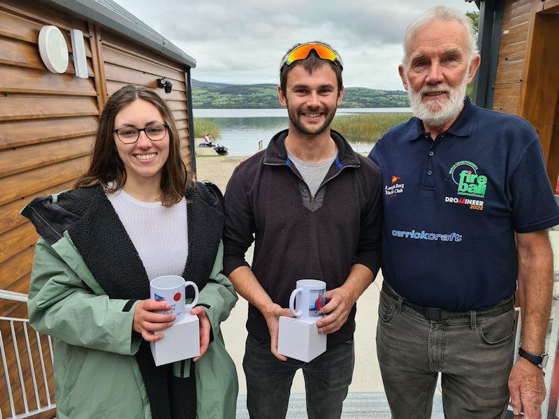 Chara McDowell and Josh Porter take second overall (pictured with organiser Jim Ryan) in the 2022 Fireball Munster Championships at Killaloe photo copyright Frank Miller taken at Killaloe Sailing Club and featuring the Fireball class