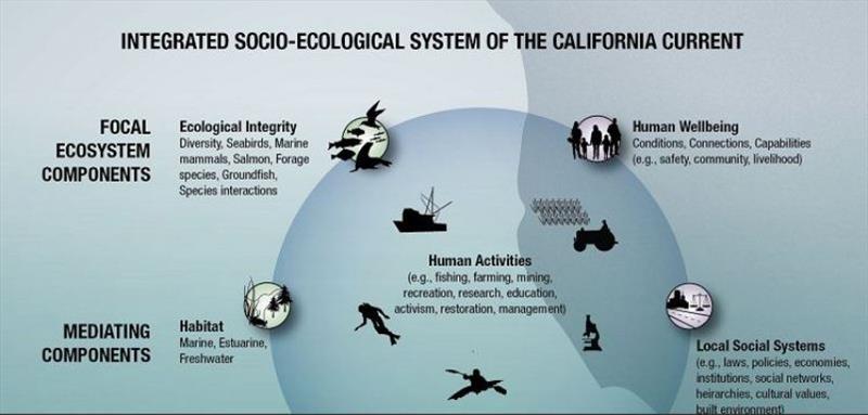 Conceptual model of the California Current social–ecological system. The model represents the complex and inextricable connections between natural components (left) and human components (center and right) photo copyright NOAA Fisheries taken at  and featuring the Fishing boat class