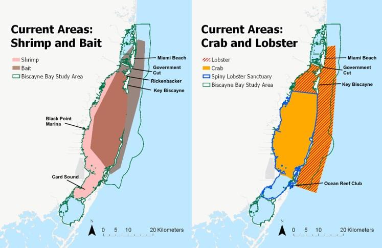 (Left) Commercial fishing grounds for bait shrimp and other bait species. (Right) Commercial fishing grounds for spiny lobster and stone crab. - photo © Created by Samantha Dowdell with ArcGIS Pro.