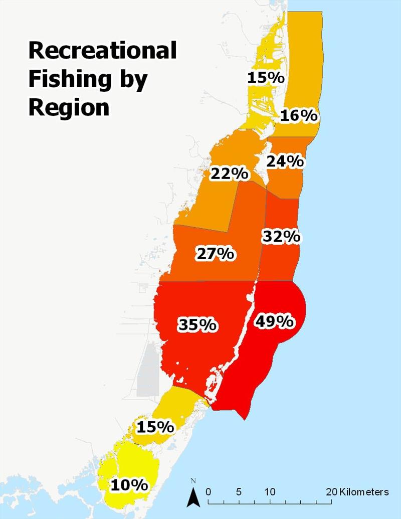 Recreational fishing in Biscayne Bay by percent respondents. Created by Samantha Dowdell with ArcGIS Pro. Coastline data from Florida Fish and Wildlife Conservation Commission photo copyright Samantha Dowdell with ArcGIS Pro taken at  and featuring the Fishing boat class