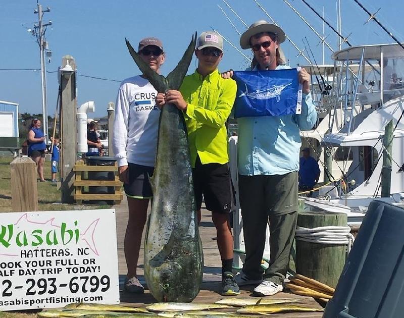 A potential new world record dolphinfish (Coryphaena hippurus) weighing 33.05 kilograms (72 pounds, 14 ounces) was caught on July 3, 2018 by angler Lucas Duke while fishing with Wasabi Sportfishing out of Hatteras, North Carolina photo copyright IGFA taken at  and featuring the Fishing boat class