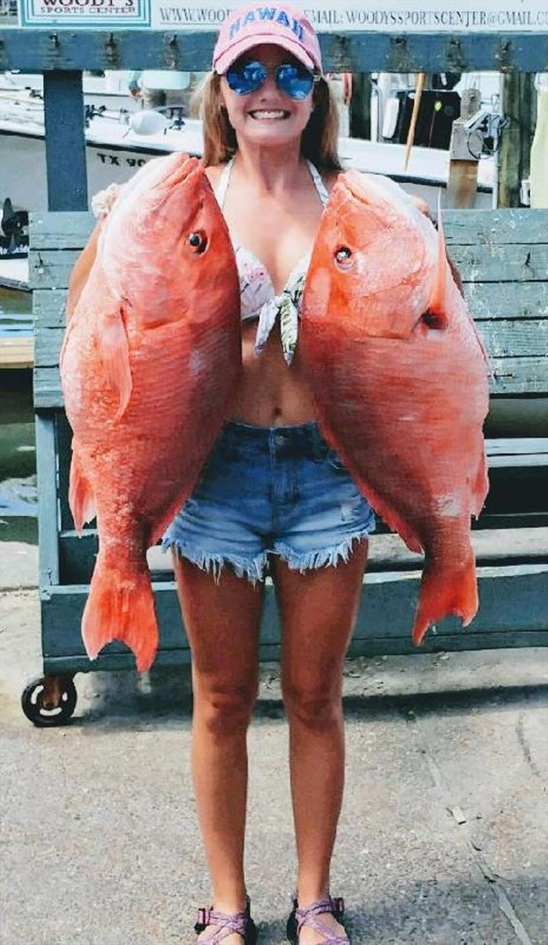 Angler Reece Rockett potentially set two world records for red snapper while fishing out of Port Aransas, Texas on June 27, 2018. Weighing in at 7.25 kgs & 7.46 kgs the catches could earn Rockett the new women's 8 kg and 10 kg line class world records photo copyright IGFA taken at  and featuring the Fishing boat class