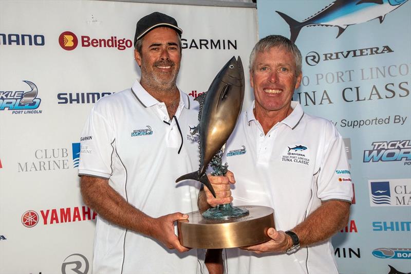 Riviera Port Lincoln Tuna Classic Calcutta winner Craig Kelsh (left) with overall winner Ian Montgomery at the trophy presentation ceremony photo copyright Riviera Studio taken at  and featuring the Fishing boat class