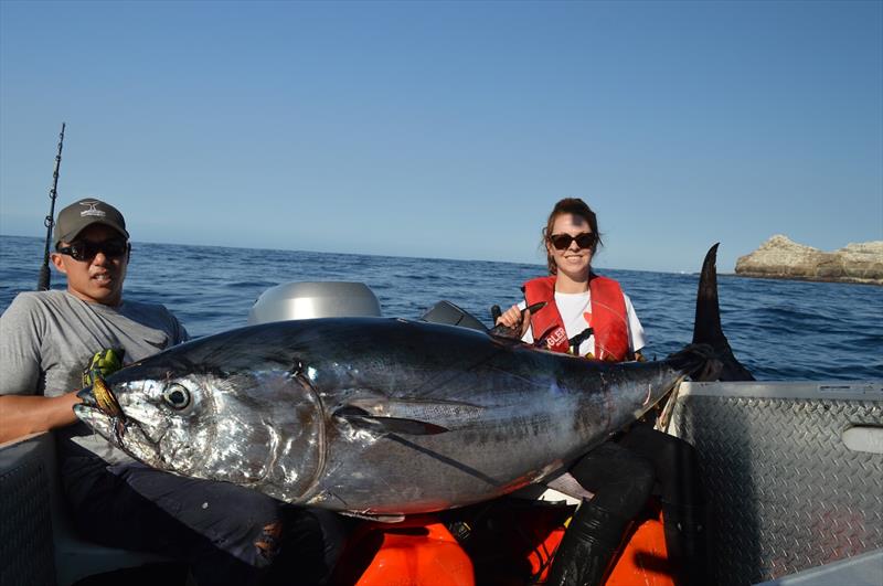 Jonah Yick and Helen O'Neill with a wild Tasmanian Bluefin photo copyright Carl Hyland taken at  and featuring the Fishing boat class