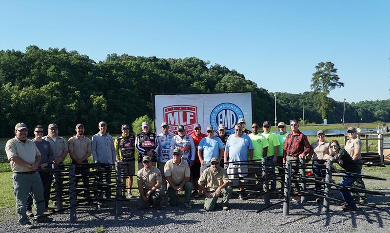USA volunteers representing Ironworkers Local 704, Electrical Workers Local 175, and Carpenters Local 74, along with MLF anglers and staff and TWRA staff assembled 36 artificial fish habitats. - photo © Union Sportsmen's Alliance
