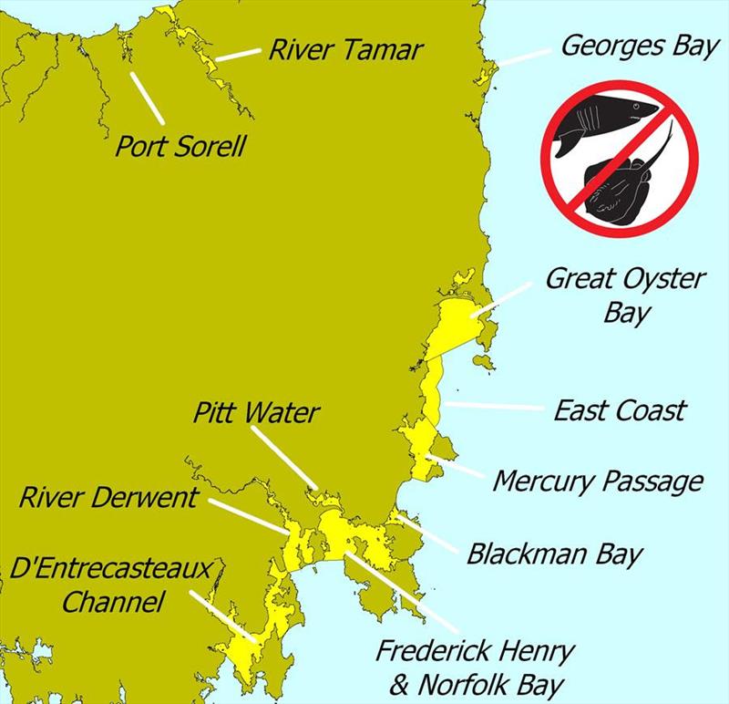 Map of Shark Refuge Areas in Tasmania photo copyright Department of NRE Tasmania taken at  and featuring the Fishing boat class