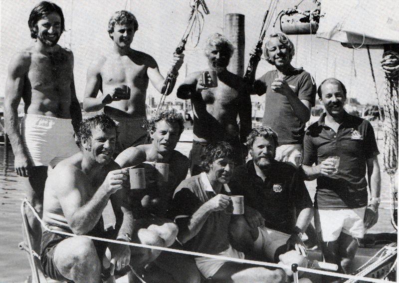 The triumphant Swuzzlebubble crew, top boat in the 1981 Admirals Cup - back row: Bret de Thier, Rick Dodson, Mike McCormick, Andy Ball, Tom Schmackenberg. Front row: Bob Eastmond, Grant Dalton, Ian Gibbs, Rick Bishop photo copyright Alan Sefton taken at Royal New Zealand Yacht Squadron and featuring the IOR class