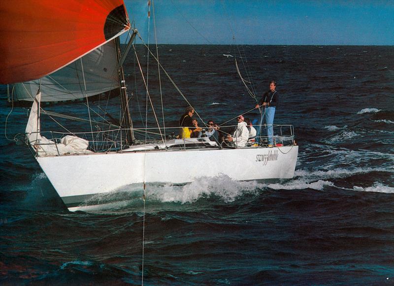 Rick Dodson aboard Swuzzlebubble, trimming the spinnaker during the NZ Admirals Cup team trials in 1981 photo copyright Peter Montgomery taken at Royal New Zealand Yacht Squadron and featuring the IOR class