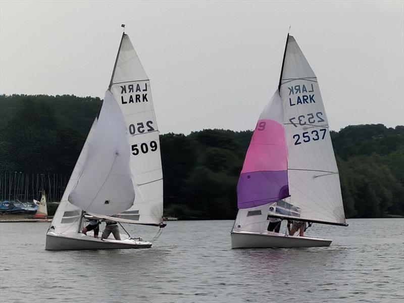 Stuart and Julia Allen gybe ahead of Neil and Sue Firth at the Banbury Lark Open photo copyright Paul Rhodes taken at Banbury Sailing Club and featuring the Lark class