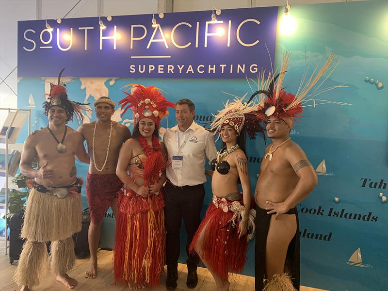 David Good, CEO of Superyacht Australia with dancers from Cook Islands, Tahiti and Fiji - Monaco Yacht Show 2019 - photo © Maddie Spencer