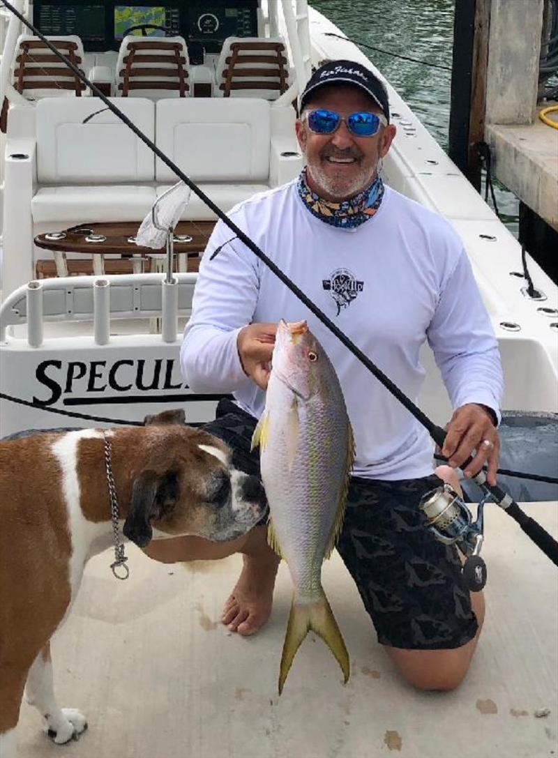 On November 22, 2018, angler Chip Constantini potentially set the new men's 1 kg line class world record for yellowtail snapper (Ocyurus chrysurus) with this 2.15-kilogram (4-pound, 12-ounce) fish that he caught while fishing off Key Colony Beach, Florida - photo © IGFA
