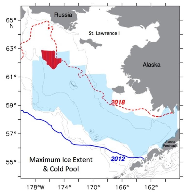 Areal maximum ice extent in 2012 & 2018. Blue shaded area is 2012 cold pool and red is 2018 cold pool extent. Note that cold pool on northern shelf was beyond maximum ice extent. That is, it formed as a result of frigid atmospheric conditions, not sea ice photo copyright NOAA Fisheries taken at 