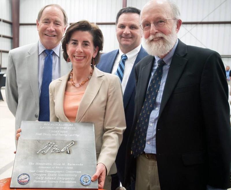 Rhode Island Governor and ship's sponsor Gina Raimondo is joined by URI President David Dooley, GSO Dean Bruce Corliss & Chair of the R.I. Council on Postsecondary Education Timothy DelGiudice at the May 7, 2019, R/V Resolution keel-laying ceremony photo copyright Crystal Sanderson taken at 