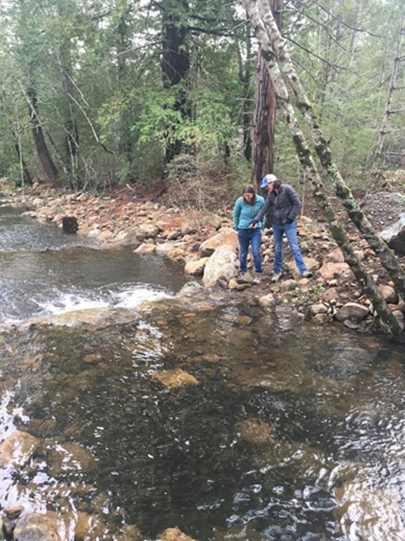 Katie Jackson of Jackson Family Wines (left) and MaryAnn King of Trout Unlimited (right) inspecting the newly created step pools replacing a 100 year old fish passage barrier in Yellowjacket Creek photo copyright Jackson Family Wines taken at 