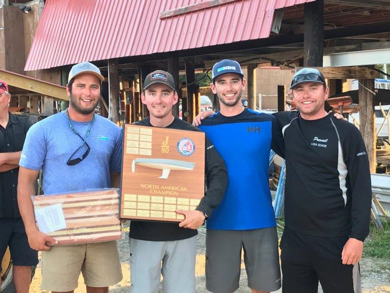 From left to right, the youthful team of Matt Coughlin (tactician), Henry Tomlinson (bow), George Luber (trimmer), and Cam Tougas (helm), won the 2019 J/80 North American Championship aboard AEGIR #487 on Lake Winnipesaukee September 22, 2019 photo copyright www.j80na.com taken at Winnipesaukee Yacht Club