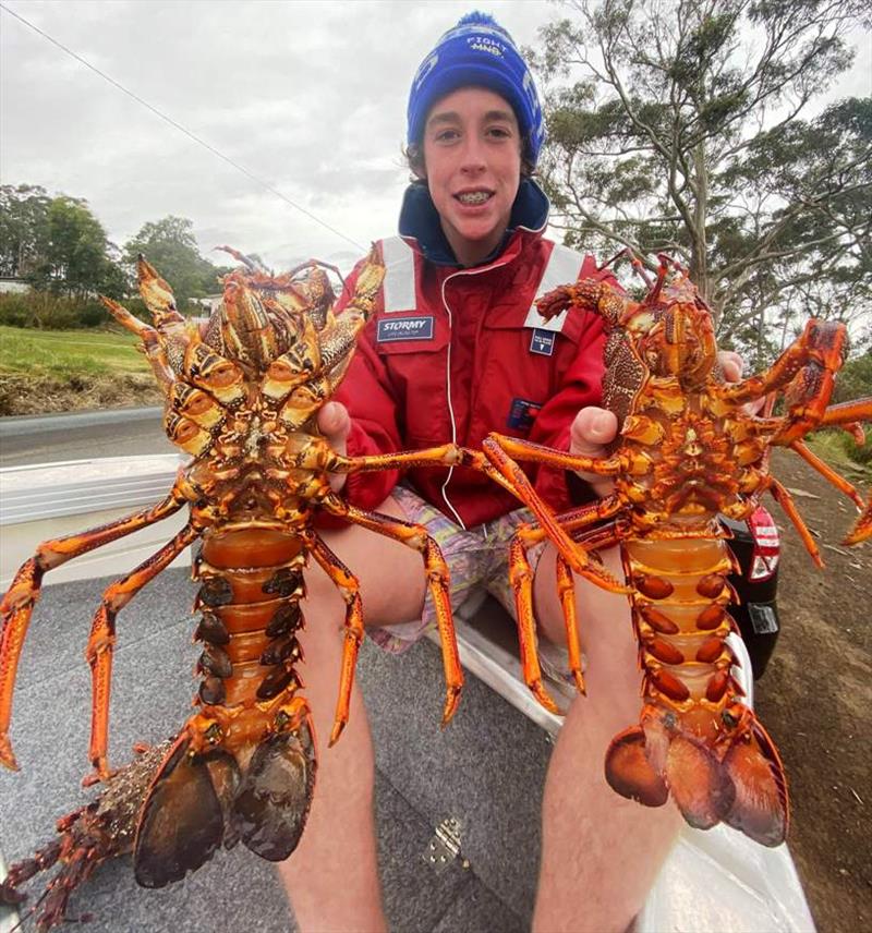 Blake with a good haul of freedived crayfish photo copyright Carl Hyland taken at 