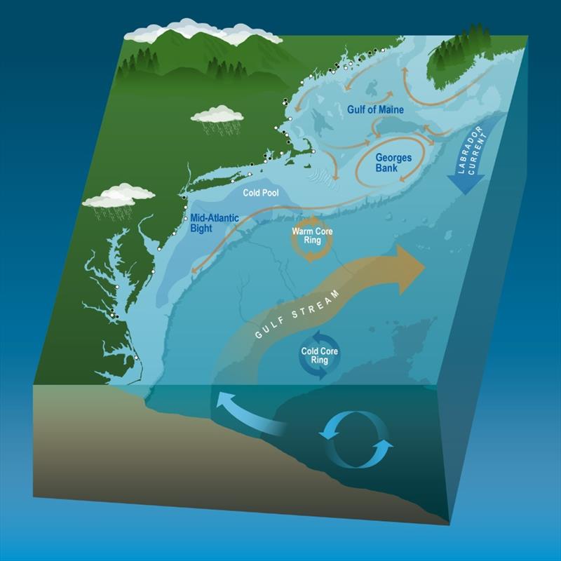 The Northeast U.S. Continental Shelf ecosystem showing the Gulf of Maine, Georges Bank and Mid-Atlantic Bight regions as well as the dominant currents and oceanographic features photo copyright NOAA Fisheries taken at 