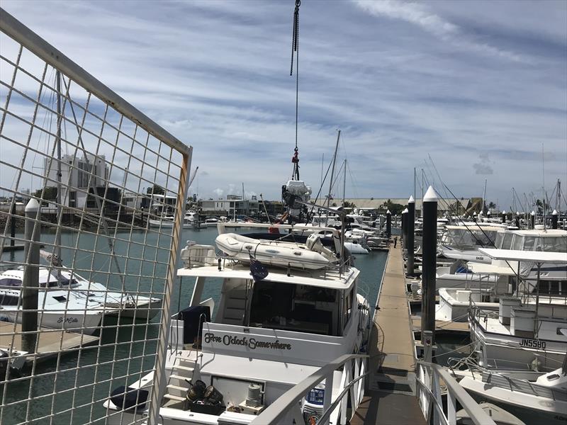 On-water installation was undertaken at a service pontoon to save on slipping costs and when planned with forethought was a viable option in the experienced hands of Belcher Diesel Service - photo © Power Equipment Pty Ltd