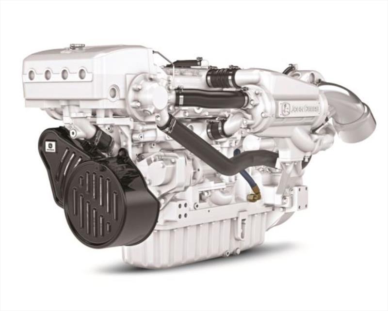 John Deere 6090SFM85 6 cylinder 9.0L PowerTech™ EPA commercial marine Tier 3 engine. M5 rated 410 kW (550bhp@2500 rpm), 4-valve cylinder head, High-pressure common-rail fuel system, turbo charged with air-to-seawater aftercooling. - photo © Power Equipment