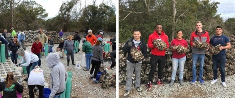 Volunteers bag recycled oyster shells that will be used to restore oyster reef habitat photo copyright North Carolina Coastal Federation taken at 