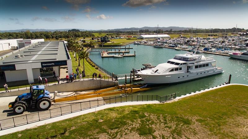 Roodberg 80t hydraulic trailer hauling out big boat - photo © Michelle Macready