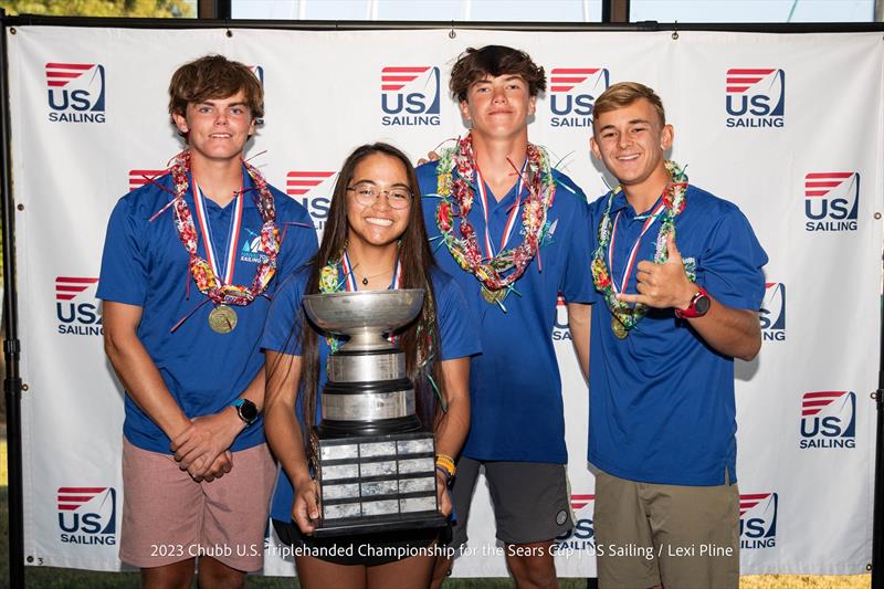 From left: Jaxon Hottinger, Noelani Velasco, Makani Andrews, and Bryce Huntoon with the Sears Cup at the award ceremony of the 2023 Chubb US Youth Triplehanded Championship at Lakewood Yacht Club photo copyright US Sailing / Lexi Pline taken at Lakewood Yacht Club