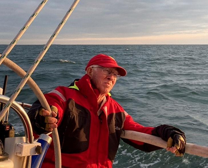 Steve Dahill at the helm of his 35-foot racing yacht photo copyright Steve Dahill taken at 
