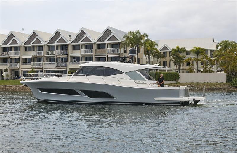 Magnificent profile, and the screened windows aft of the one for the pilothouse bring light to the mezzanine deck - Riviera 505 SUV World Premiere photo copyright John Curnow taken at  and featuring the Power boat class