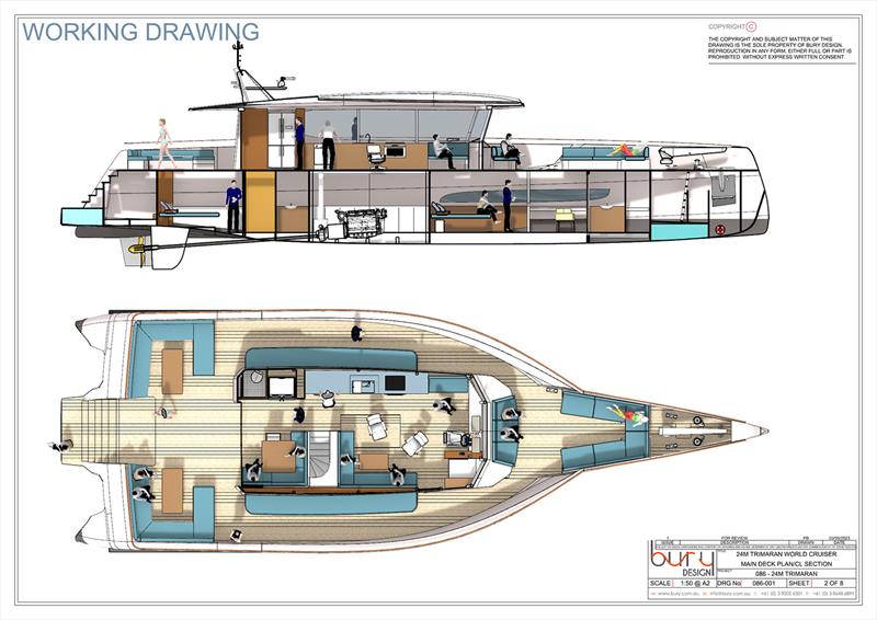 Main deck and accommodations with people - Stabilised Monohull photo copyright Bury Design taken at  and featuring the Power boat class