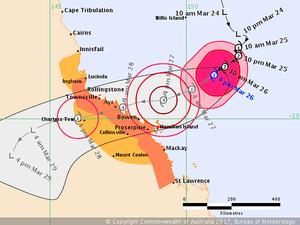 Current and expected path of TC Debbie - moving at 8kph presently photo copyright Bureau of Meteorology http://www.bom.gov.au taken at  and featuring the  class
