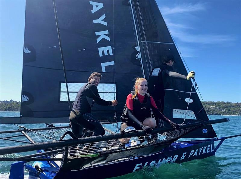 Jenna gets ready for her ride on the Fisher & Paykel 18 footer photo copyright Frank Quealey taken at Australian 18 Footers League and featuring the 18ft Skiff class